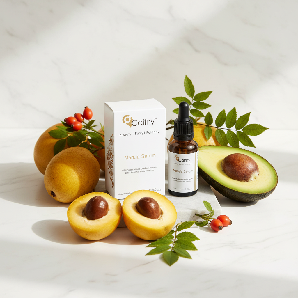 Caithy's Marula Serum bottle and box with marula fruit, avocado and rosehip on marble surface