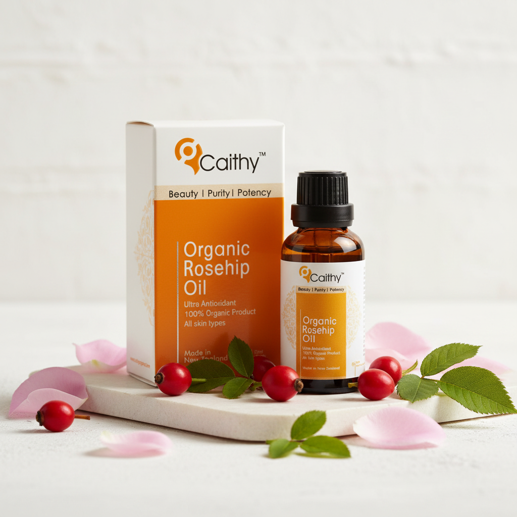 Caithy's Organic Rosehip Oil bottle and box with rosehip berries and rose petals on white stone